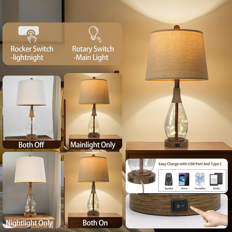 OYEARS Wood-Like Bedside Table Lamp with USB, Farmhouse Nightstand Lamps for Bedroom, Retro Rattan Table Lamps for Night Stands, Living Room, Boho Table Lamp with Glass Nightlight Lamps, Bulb Included - Image 3